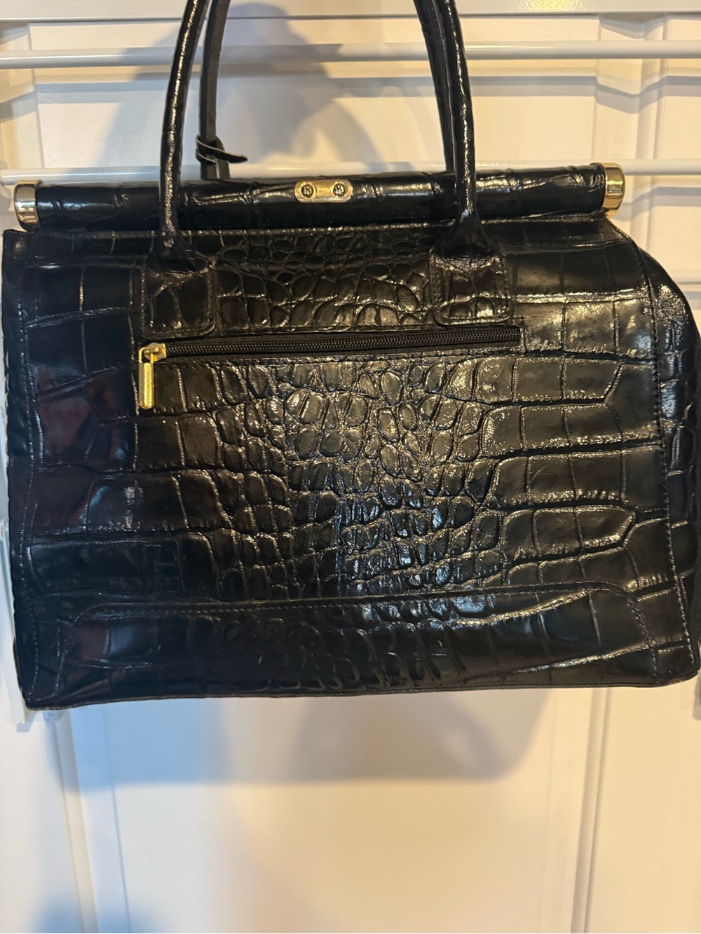 Black Croc-Embossed Top-Handle Satchel with Gold Hardware genuine leather - Picture 2 of 9